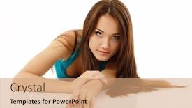  Presentation with beautiful skin - Presentation theme enhanced with portrait of beautiful cheerful enjoying teen girl with long healthy brown hair and clean skin isolated on white background background and a coral colored foreground