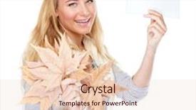  Presentation with maple leaves - Cool new PPT layouts with portrait of beautiful cheerful girl with dry maple leaves isolated on white background holding in hands blank greeting card enjoying autumn season backdrop and a lemonade colored foreground