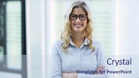  Presentation with optical - Cool new PPT theme with portrait of beautiful customer standing with arms crossed in optical store backdrop and a sky blue colored foreground