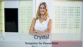  Presentation with optical - Colorful theme enhanced with portrait of beautiful customer standing with arms crossed in optical store backdrop and a light blue colored foreground