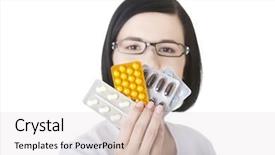 Presentation with prescription drugs - Colorful PPT theme enhanced with portrait of beautiful doctor or nurse holding prescription drugs isolated over white background backdrop and a light gray colored foreground