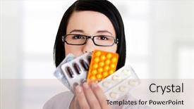  Presentation with prescription drugs - Colorful PPT layouts enhanced with portrait of beautiful doctor or nurse holding prescription drugs backdrop and a soft green colored foreground