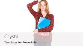  Presentation with college - Slide deck featuring portrait of beautiful female college student with notebooks against white background background and a white colored foreground
