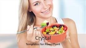  Presentation with home care - PPT theme featuring portrait of beautiful female eating tasty fruit salad for breakfast at home healthy lifestyle body care organic nutrition and dieting concept background and a coral colored foreground