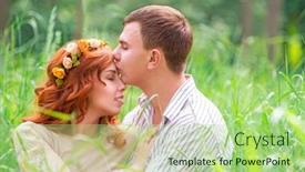  Presentation with gentle - Cool new PPT layouts with portrait of beautiful gentle loving couple sitting on the grass in forest romantic guy with pleasure kissing his cute girlfriend enjoying romantic relationship backdrop and a mint green colored foreground