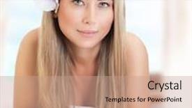  Presentation with hair spa - Presentation design enhanced with portrait of beautiful gentle woman with orchid flower in hair waiting for massages relaxation on luxury spa resort background and a coral colored foreground