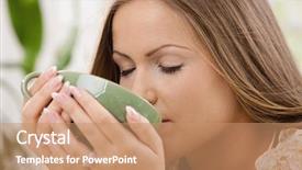  Presentation with green tea - Amazing PPT theme having portrait of beautiful girl drinking backdrop and a coral colored foreground