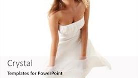  Presentation with hair dress - Colorful slide deck enhanced with portrait of beautiful girl model in white dress with fluttering hair and dress backdrop and a white colored foreground