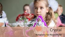 Presentation with desk - Colorful presentation design enhanced with portrait-of-beautiful-girl-sitting backdrop and a coral colored foreground