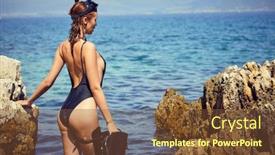  Presentation with sea water - Amazing presentation theme having portrait of beautiful girl in shallow water with diving mask on her head hot attractive brunette in sea with diving mask backdrop and a tawny brown colored foreground