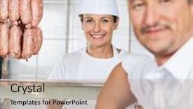  Presentation with butcher - Cool new presentation theme with portrait of beautiful happy female butcher with male colleague in butchery backdrop and a coral colored foreground