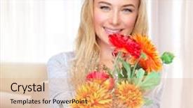  Presentation with happy thanksgiving - Beautiful PPT theme featuring portrait of beautiful happy woman with autumn flowers at home receive gift on thanksgiving day happiness concept backdrop and a coral colored foreground