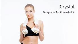  Presentation with portrait happy family smiling - Colorful theme enhanced with portrait of beautiful happy young sportswoman standing with white towel on her neck over white background backdrop and a cool aqua colored foreground