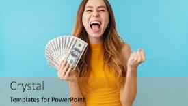  Presentation with dollar - Presentation theme having portrait-of-beautiful-joyous-caucasian background and a gold colored foreground