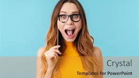  Presentation with eyeglasses - Audience pleasing presentation theme consisting of portrait-of-beautiful-joyous-caucasian backdrop and a gold colored foreground