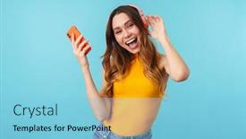  Presentation with music sympfonic studio - Presentation theme having portrait-of-beautiful-joyous-woman background and a light blue colored foreground