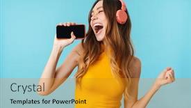  Presentation with blue music - Colorful presentation theme enhanced with portrait-of-beautiful-joyous-woman backdrop and a gold colored foreground