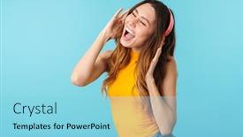  Presentation with blue music - Presentation theme with portrait-of-beautiful-joyous-woman background and a arctic colored foreground