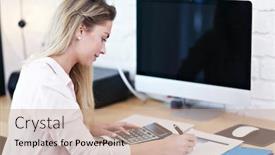  Presentation with millennial - Amazing presentation theme having portrait of beautiful millennial woman working in modern home office backdrop and a coral colored foreground