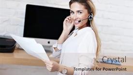  Presentation with millennial - Colorful PPT theme enhanced with portrait of beautiful millennial woman working in modern home office backdrop and a mint green colored foreground