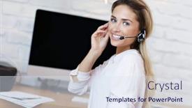  Presentation with millennial - Presentation having portrait of beautiful millennial woman working in modern home office background and a sky blue colored foreground