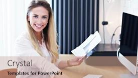  Presentation with millennial - Beautiful presentation theme featuring portrait of beautiful millennial woman working in modern home office backdrop and a coral colored foreground