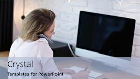  Presentation with millennial - Amazing slides having portrait of beautiful millennial woman working in modern home office backdrop and a light blue colored foreground