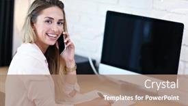  Presentation with millennial - PPT theme having portrait of beautiful millennial woman working in modern home office background and a coral colored foreground