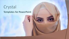  Presentation with hijab modern - PPT theme featuring portrait-of-beautiful-muslim-woman background and a cool aqua colored foreground