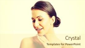  Presentation with hands down - Presentation design featuring portrait of beautiful nude woman holding hands on chin looking down background and a cream colored foreground