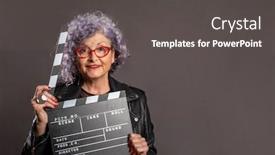  Presentation with clapper - Slide deck featuring portrait-of-beautiful-old-woman background and a dark gray colored foreground