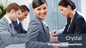  Presentation with secretary - Cool new presentation with portrait of beautiful secretary looking at camera on the background of co-workers backdrop and a ocean colored foreground