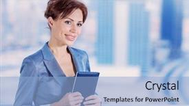  Presentation with modern elegant - Slides with portrait of beautiful secretary on modern building background vp of big corporate successful female with notebook wearing elegant suit business concept background and a light blue colored foreground