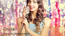  Presentation with glitter - Audience pleasing PPT layouts consisting of portrait of beautiful singing woman against bright glitter background backdrop and a coral colored foreground