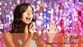  Presentation with glitter - Theme with portrait of beautiful singing woman against bright glitter background background and a coral colored foreground