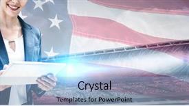  Presentation with using digital tablet - Colorful PPT layouts enhanced with portrait of beautiful smiling businesswoman backdrop and a light blue colored foreground