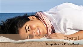  Presentation with native american - PPT theme featuring portrait of beautiful smiling native american girl laying at beach background and a coral colored foreground