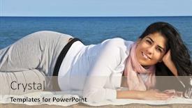  Presentation with native american - Beautiful presentation theme featuring portrait of beautiful smiling native american girl laying at beach backdrop and a soft green colored foreground