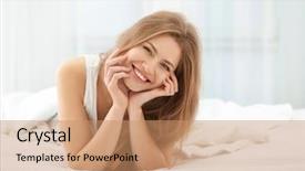  Presentation with bed - Presentation theme enhanced with portrait of beautiful smiling woman background and a coral colored foreground