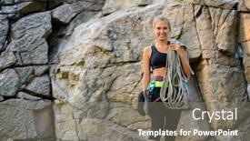  Presentation with rock climber - Presentation theme consisting of portrait of beautiful smiling woman climber holding the rope near the high rock in the mountains adventure and extreme sport concept background and a gray colored foreground