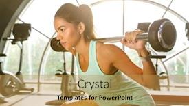  Presentation with barbell - PPT layouts with portrait of beautiful sportswoman in tracksuit doing sit-ups with barbell while working out in gym background and a gold colored foreground