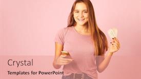  Presentation with smartphone - Colorful slide set enhanced with portrait-of-beautiful-woman-holding backdrop and a coral colored foreground