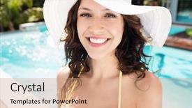  Presentation with beautiful black women smiling - Theme with portrait of beautiful woman smiling near poolside background and a coral colored foreground
