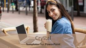  Presentation with laptop - Beautiful presentation theme featuring portrait-of-beautiful-woman-using backdrop and a  colored foreground