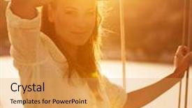  Presentation with luxury yacht - Amazing presentation design having portrait of beautiful woman on yacht deck in warm yellow sunset light attractive model posing on sailboat luxury cruise on the sea summer vacation concept backdrop and a yellow colored foreground