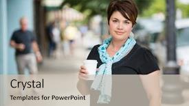  Presentation with pavement - PPT theme enhanced with portrait of beautiful woman with disposable coffee cup on pavement background and a light gray colored foreground