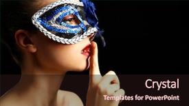  Presentation with masquerade mask - Colorful slide deck enhanced with portrait of beautiful woman with fancy glitter makeup and masquerade mask on dark background backdrop and a wine colored foreground