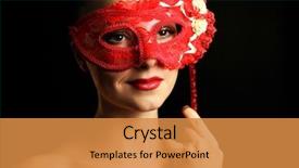  Presentation with masquerade mask - Audience pleasing presentation design consisting of portrait of beautiful woman with fancy glitter makeup and masquerade mask on dark background backdrop and a gold colored foreground