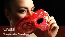  Presentation with masquerade mask - Slide deck enhanced with portrait of beautiful woman with fancy glitter makeup and masquerade mask on dark background background and a tawny brown colored foreground