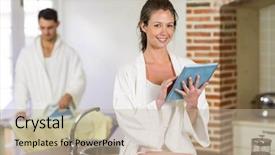  Presentation with woman in maze - Audience pleasing slide deck consisting of portrait of beautiful woman in bathrobe sitting on kitchen worktop and using digital tablet while man ironing clothes behind her backdrop and a mint green colored foreground
